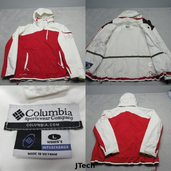 Columbia Jacket Womens Large Red‎ White Waterproof Omni-Tech Full Zip 3in1 Shell - Picture 1 of 16